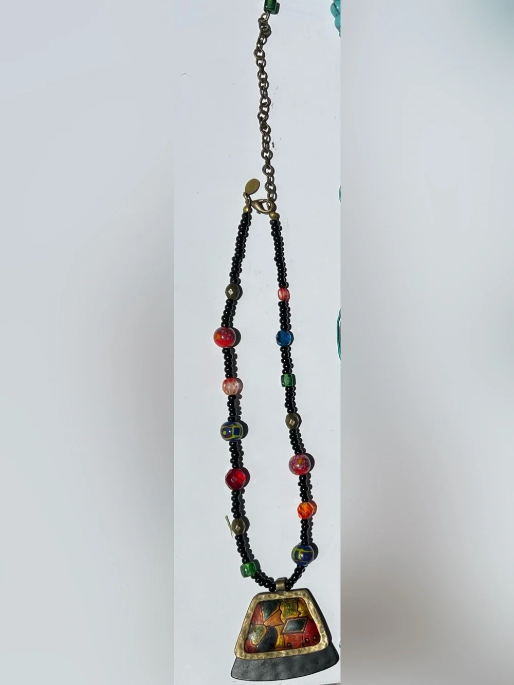 Chico's Black Beaded Necklace with Multicolor Accent Beads and Geometric Pendant